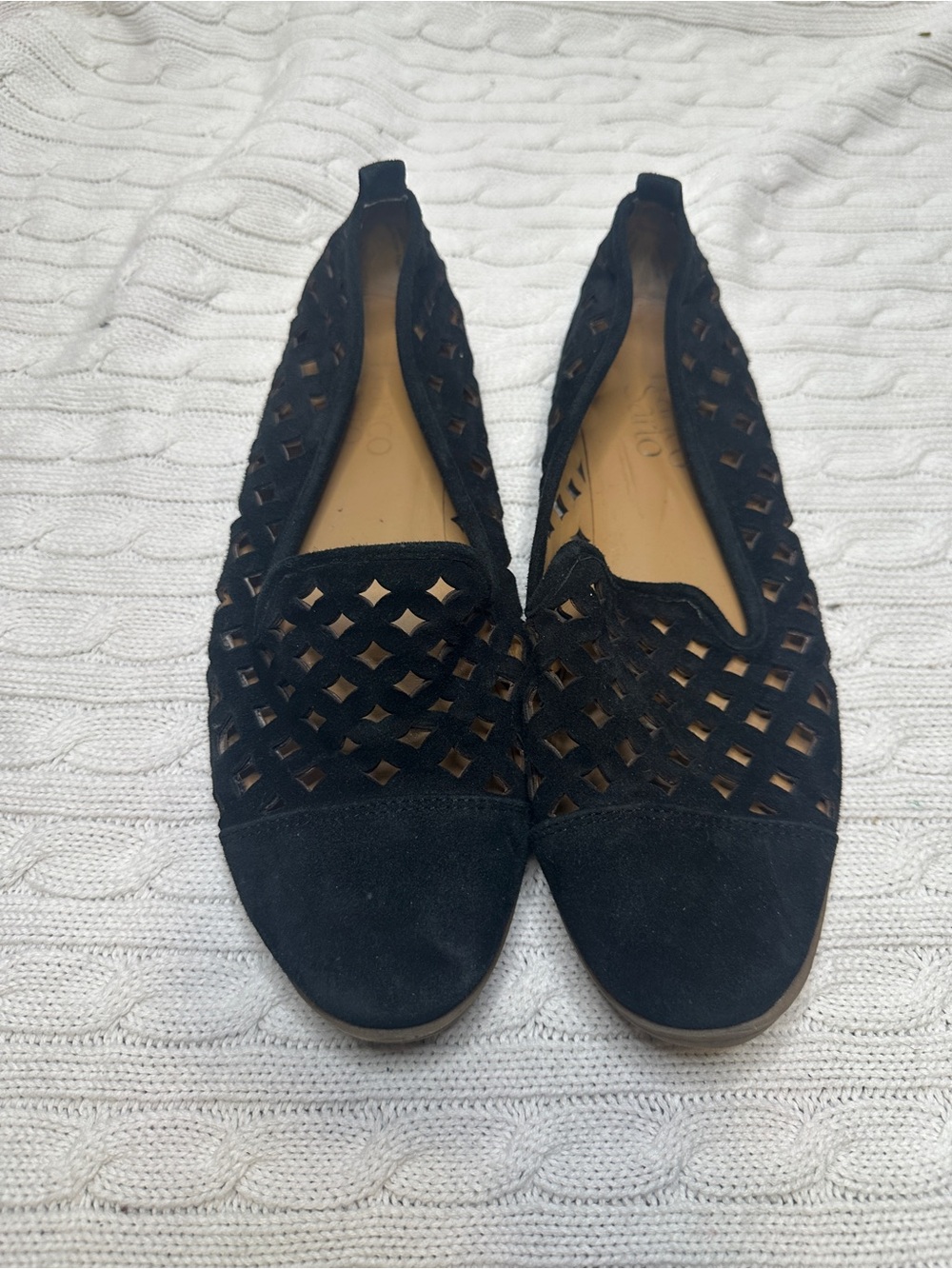 Franco Sarto Black Laser-Cut Suede Slip-Ons